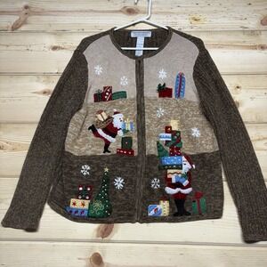 Tiara International Women's Size  Large Brown Christmas  Sweater Zip Up Cardigan